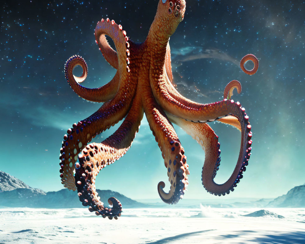 Giant octopus in snowy landscape under starry sky