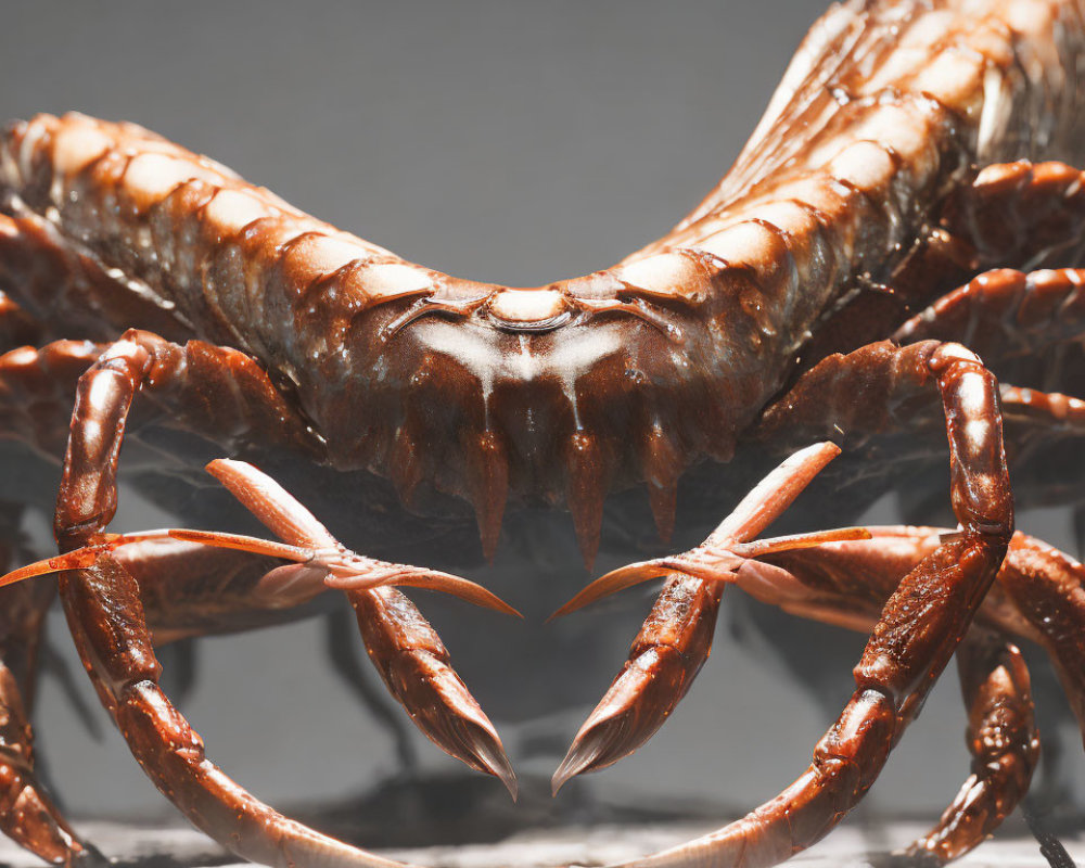 Detailed close-up of crab with prominent pincers on textured surface