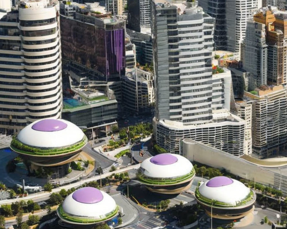 Modern cityscape with round, saucer-shaped buildings and green rooftops.