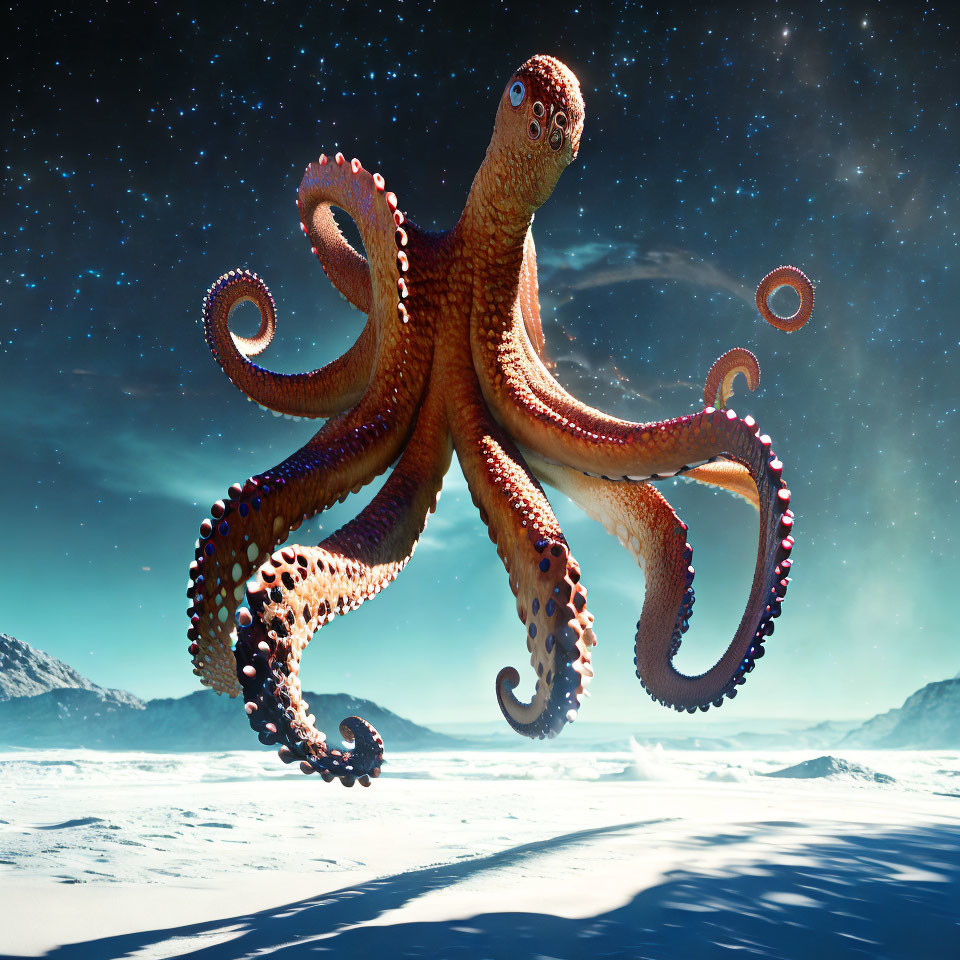 Giant octopus in snowy landscape under starry sky