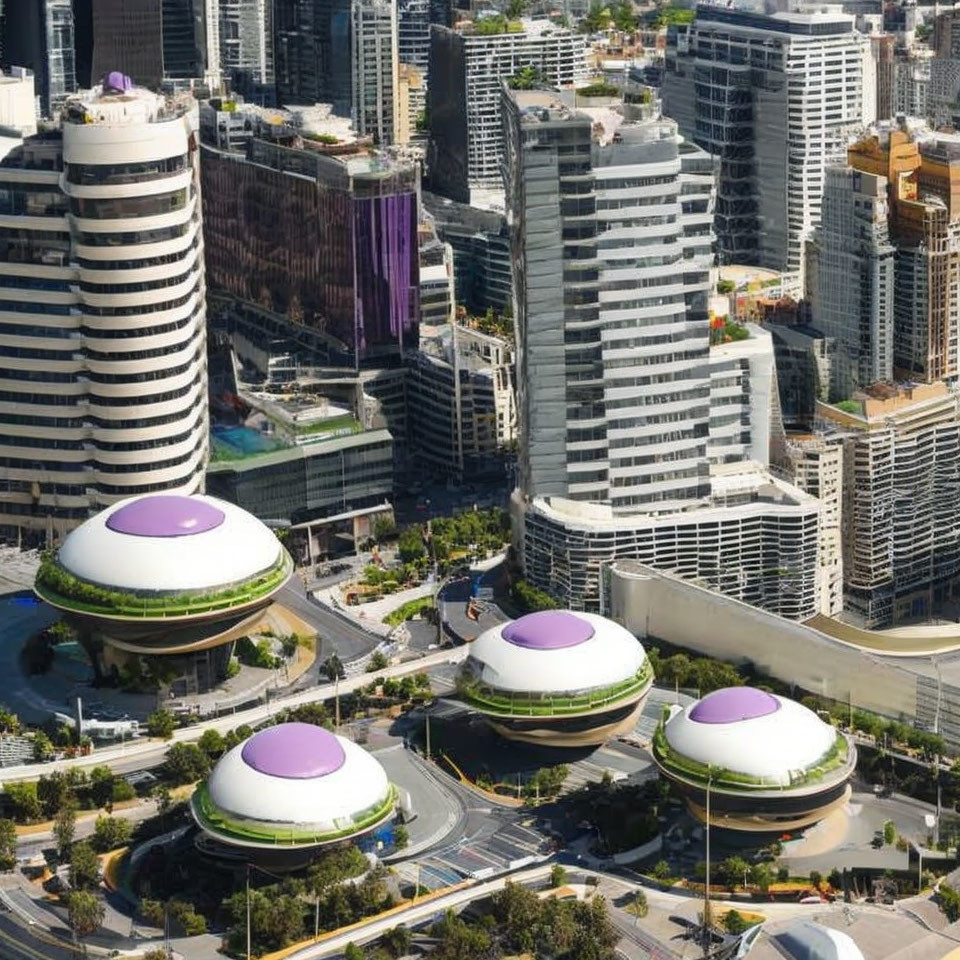 Modern cityscape with round, saucer-shaped buildings and green rooftops.