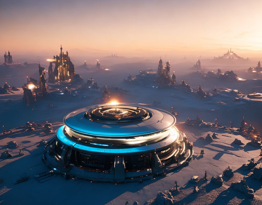 Illuminated futuristic cityscape with circular structure and snow-covered terrain