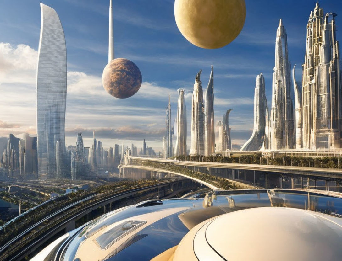 Futuristic cityscape with towering skyscrapers and celestial bodies.