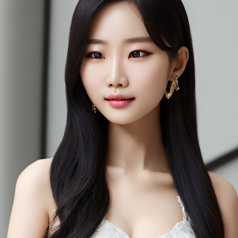 Portrait of Woman with Long Black Hair, Fair Skin, Makeup, Gold Earrings, White Dress