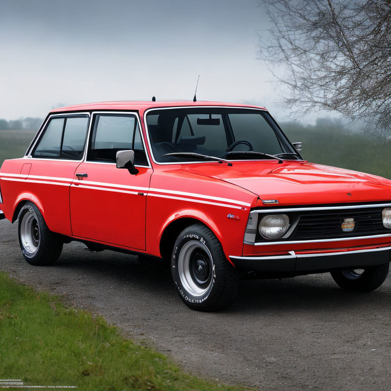 Vintage red sedan parked on roadside with grassy background and chrome trim.