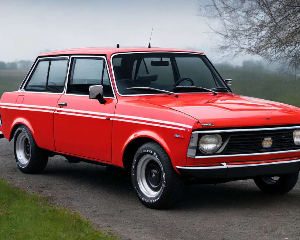 Vintage red sedan parked on roadside with grassy background and chrome trim.