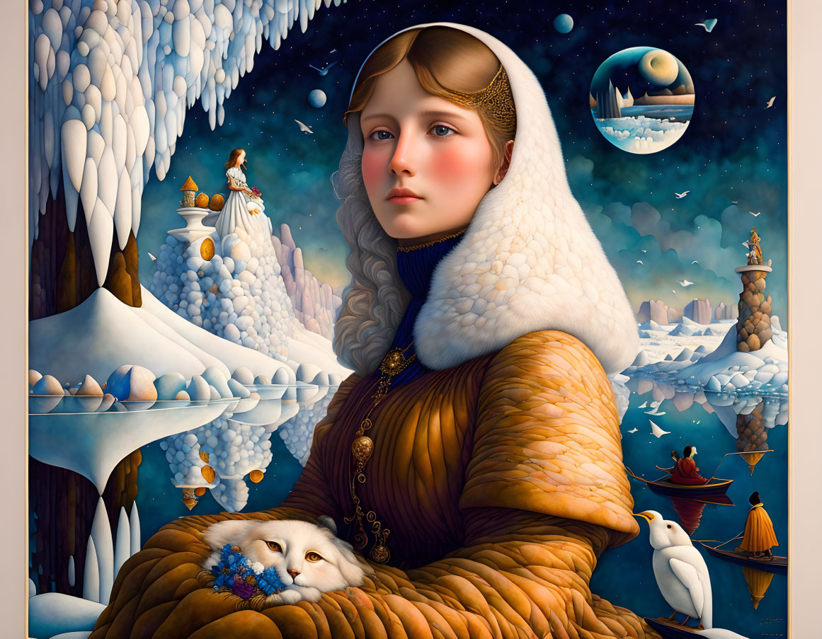 Surreal portrait of woman in golden attire with white fox in icy landscape