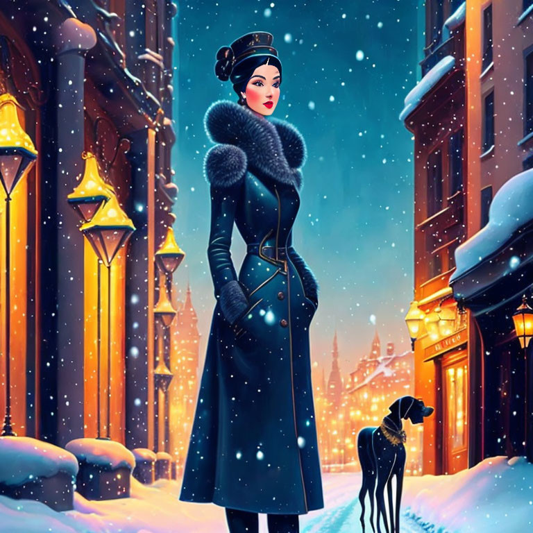 Illustration of woman and dog in stylish winter attire on snowy city street