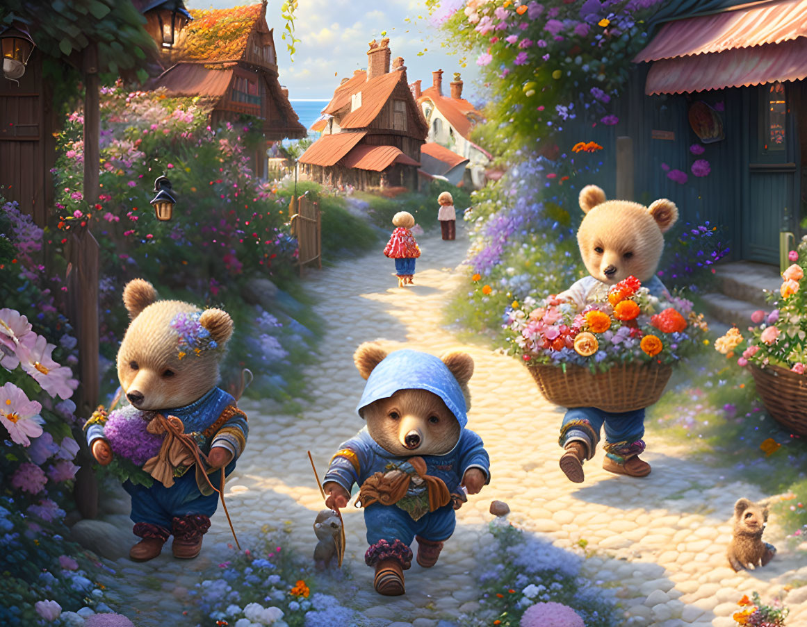 Anthropomorphic teddy bears in village scene with child and blooming flowers