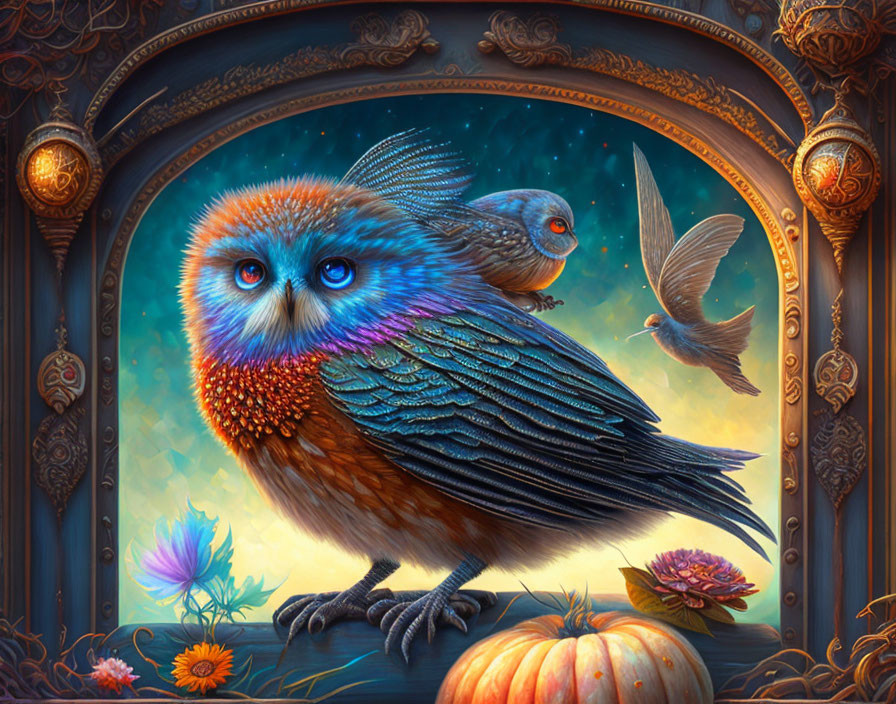 Colorful Owl with Blue Eyes Perched on Pumpkin Beside Flying Bird in Mystic Setting