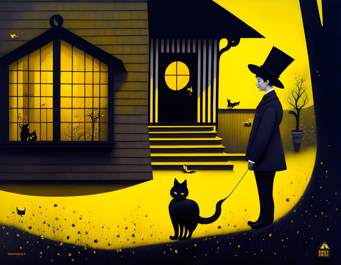 Stylized yellow and black illustration: Person with top hat walking cat on leash at night