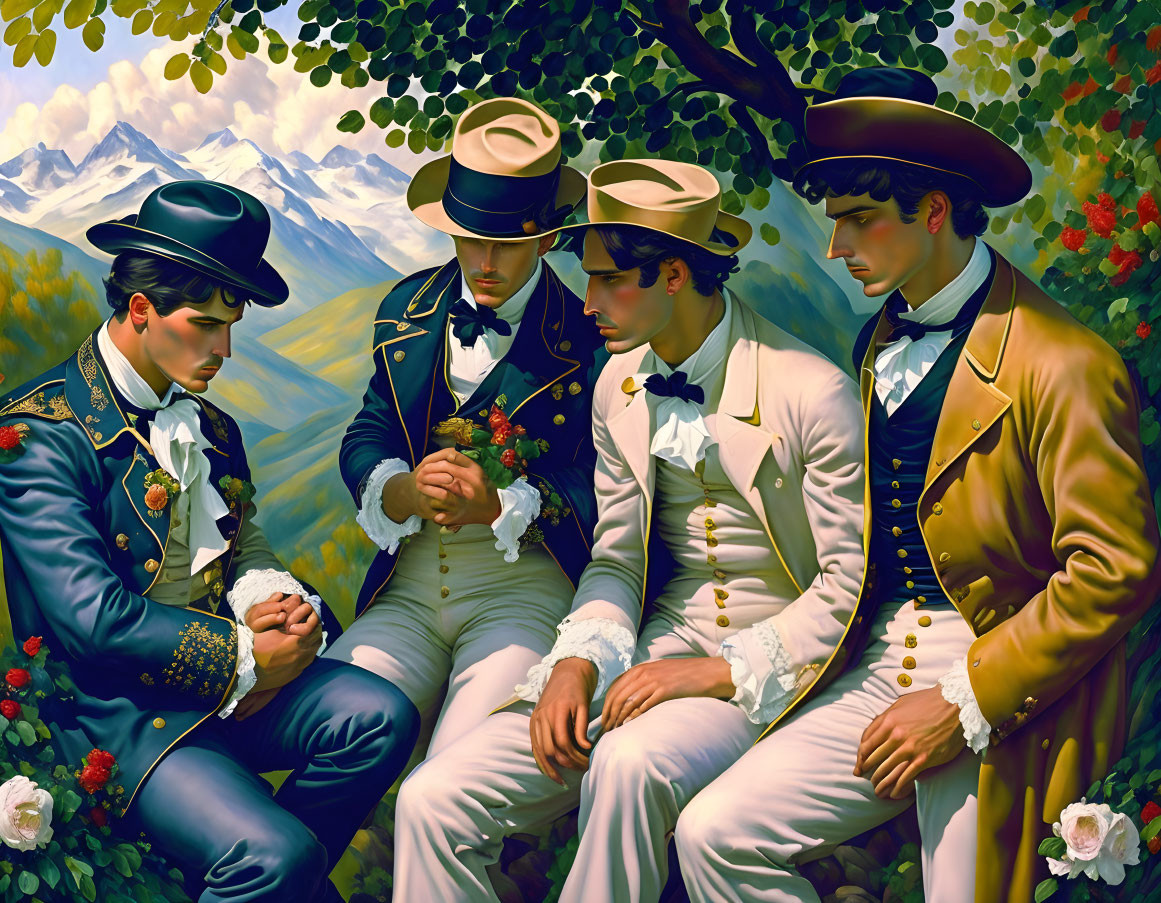 Four men in vintage clothing sitting under a tree with mountains in the background.