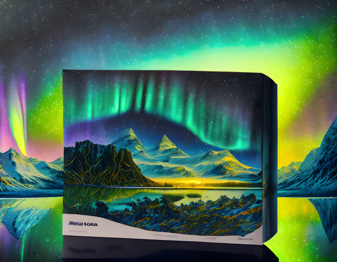 Colorful Cereal Box Design Featuring Northern Lights Reflections