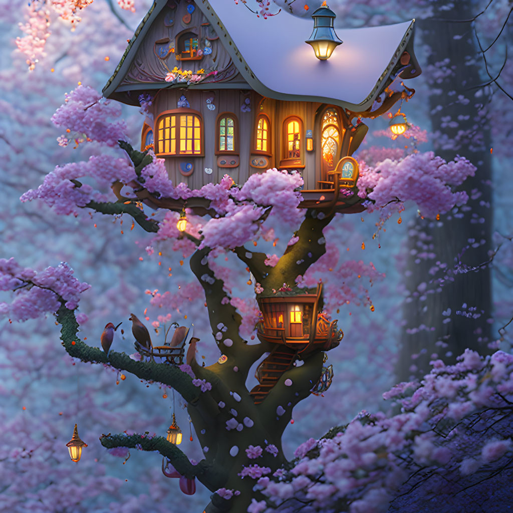 Glowing treehouse in cherry blossom twilight landscape