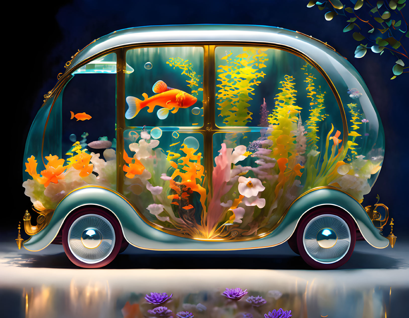 Colorful Fish Aquarium Car Design with Coral and Plants