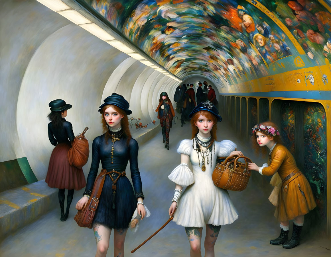 Surreal painting: Four women in vintage attire in modern subway