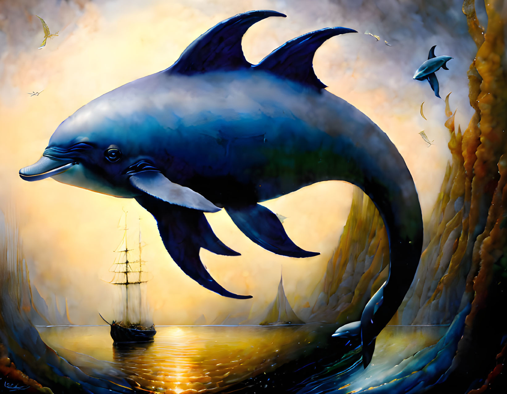 Colorful painting of giant dolphin jumping over golden sea with sailboats and fish, against warm backdrop