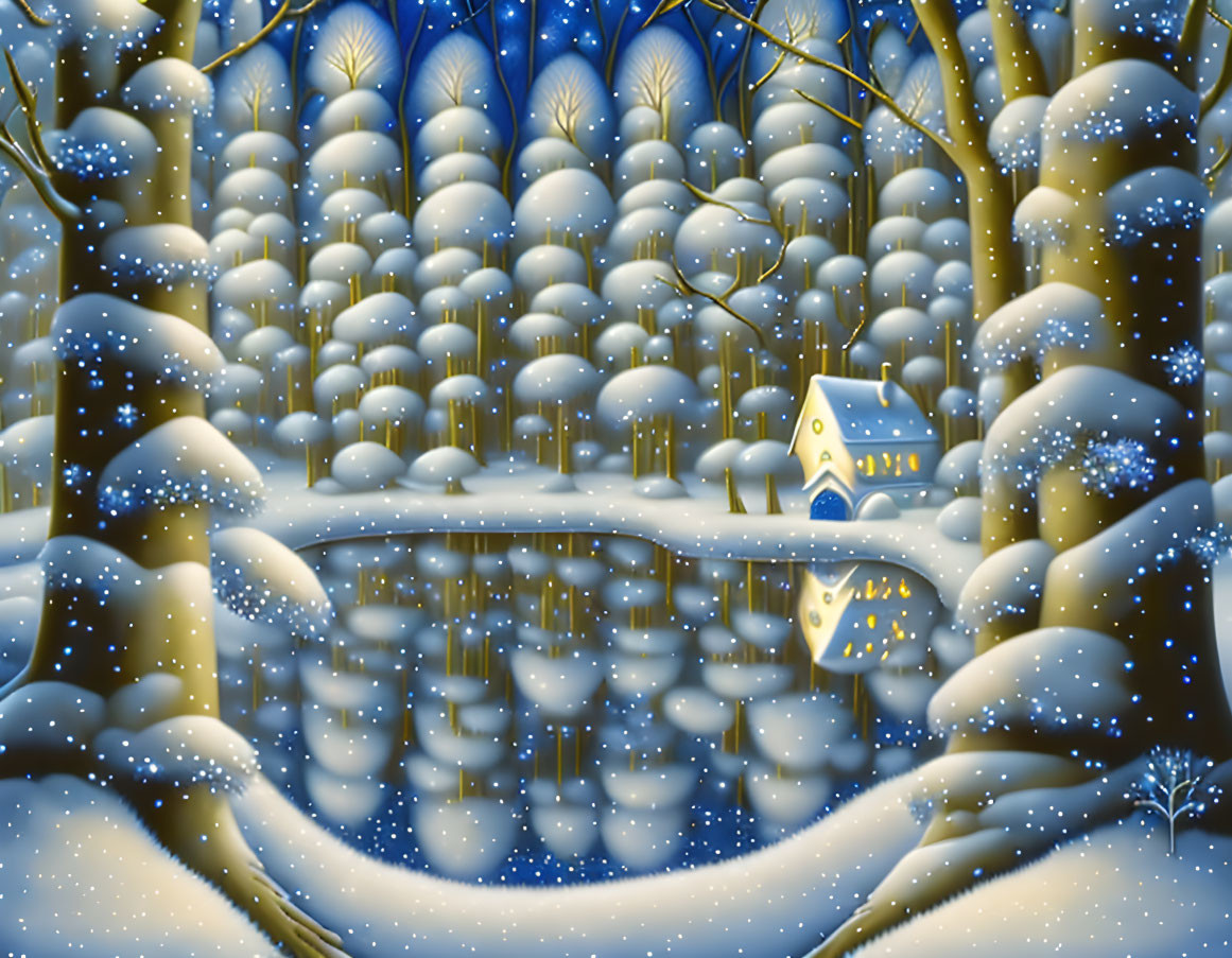 Snow-covered winter scene with cozy cottage, frozen pond, and starry night sky