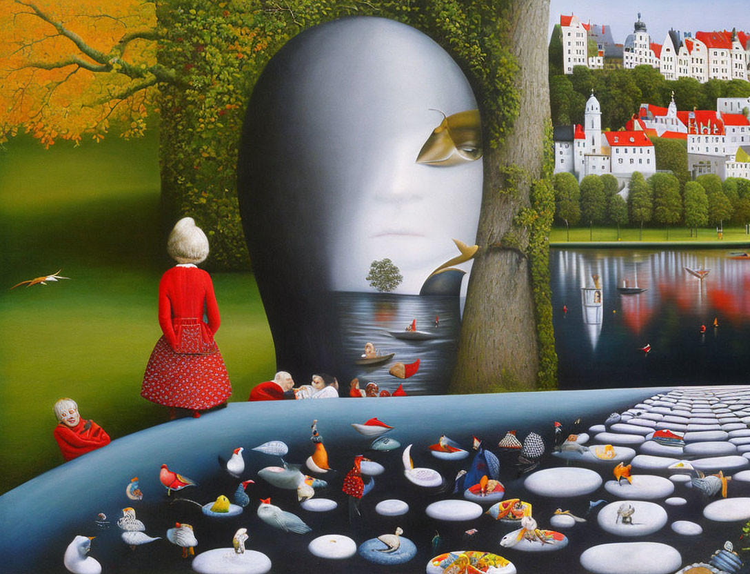 Surreal painting: giant head in tree trunk by lake with people, birds, plates, checker