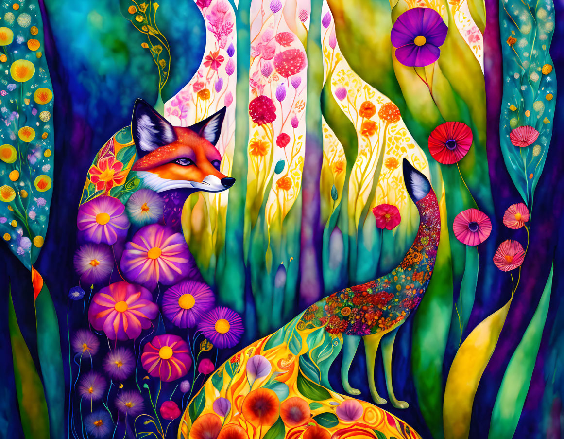 Colorful Stylized Fox Illustration in Fantasy Floral Scene