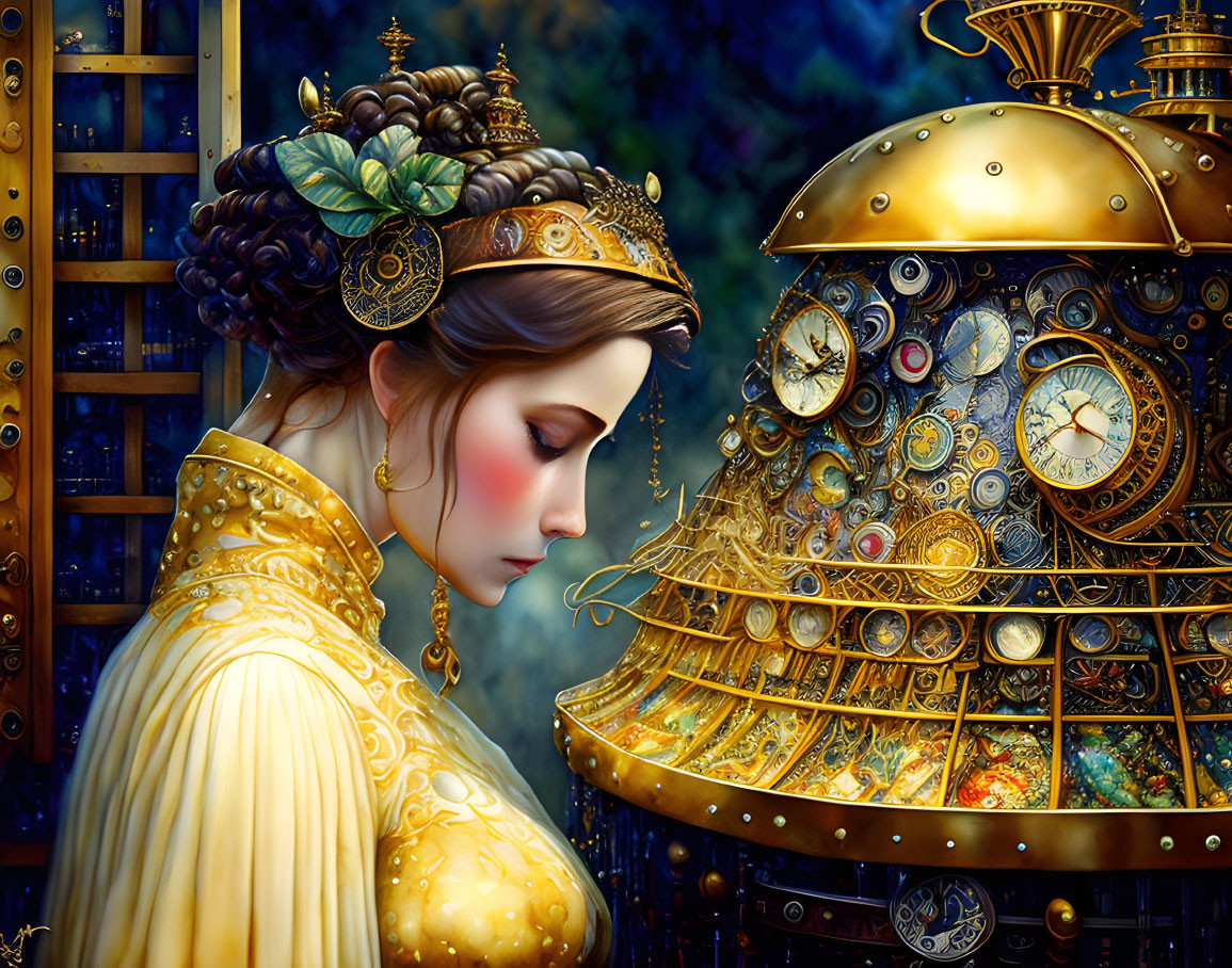 Fantastical portrait of woman with ornate hair accessories and steampunk clockwork structure.