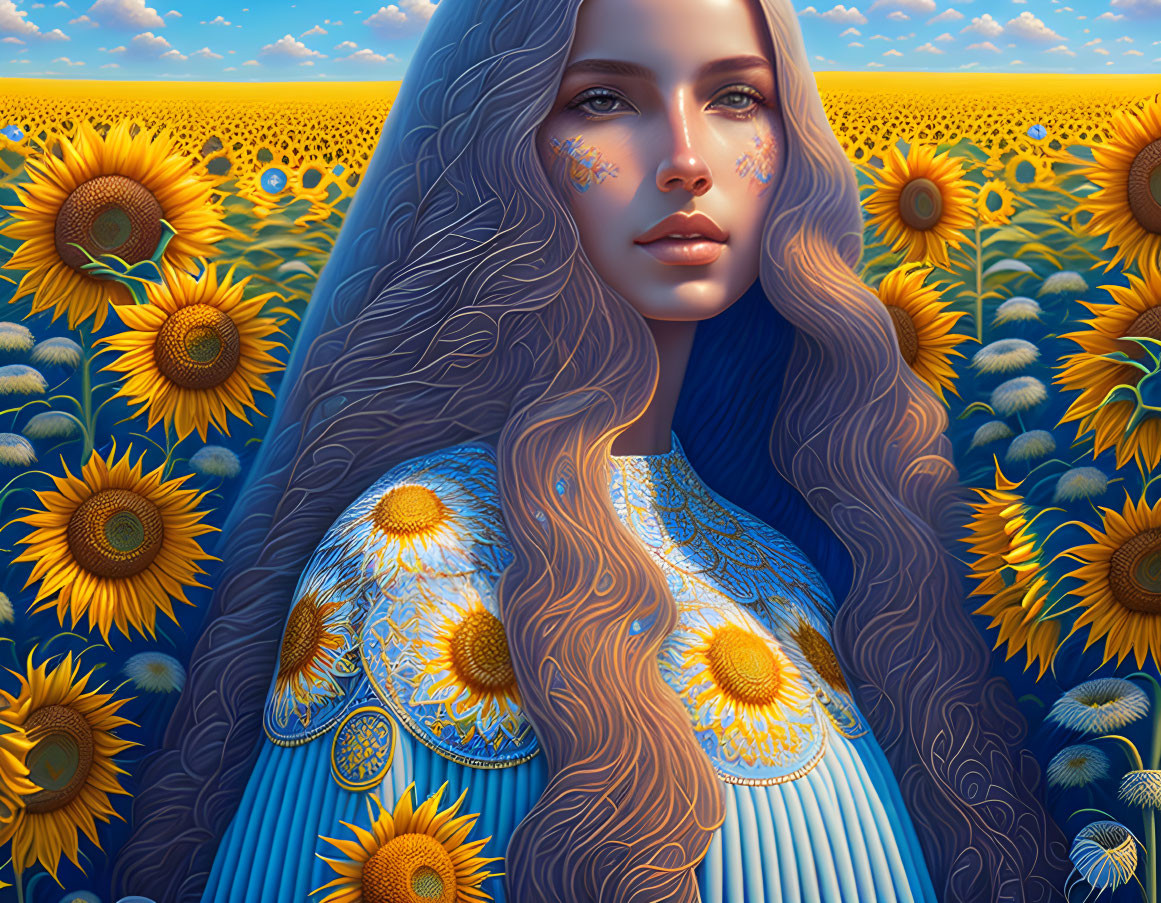 Digital artwork: Woman with long wavy hair in sunflower field