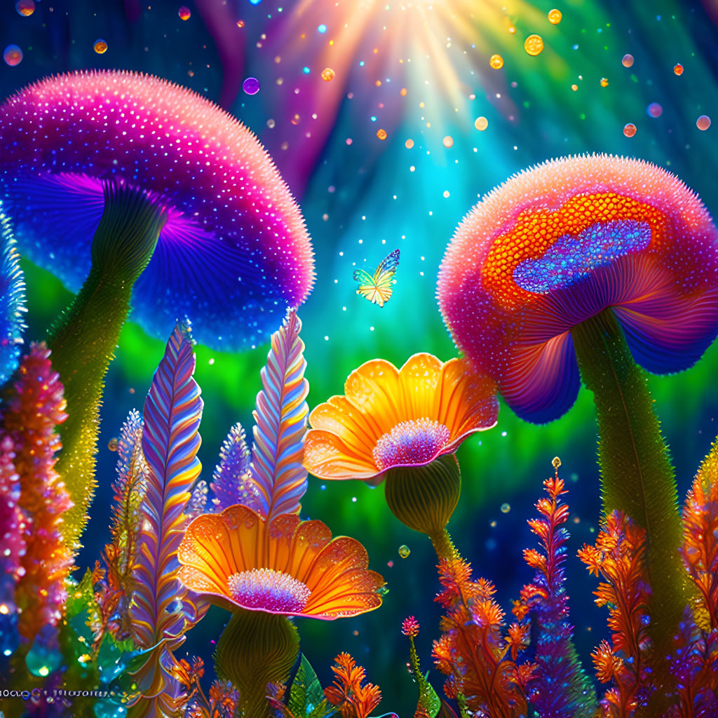 Fantastical landscape with luminescent mushrooms and radiant flowers