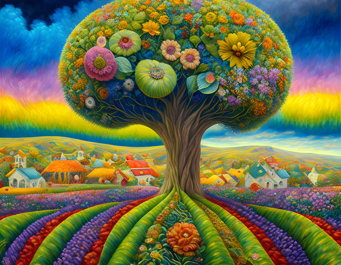 Colorful artwork of lush tree with flower leaves in vibrant landscape