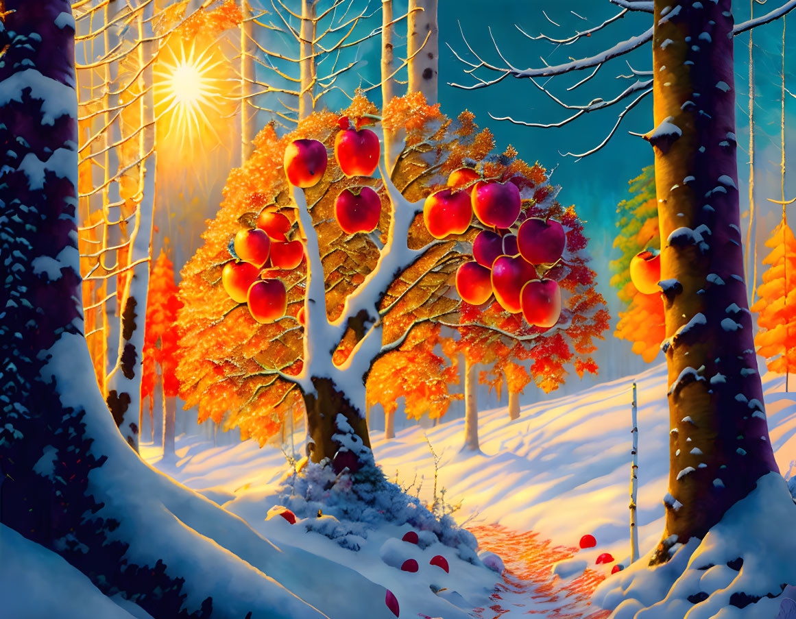 Colorful autumn tree with red apples in snowy landscape under sunlight.