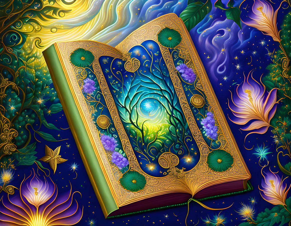 Illustrated magical book with intricate golden designs and glowing centerpiece surrounded by cosmic patterns and ethereal flowers