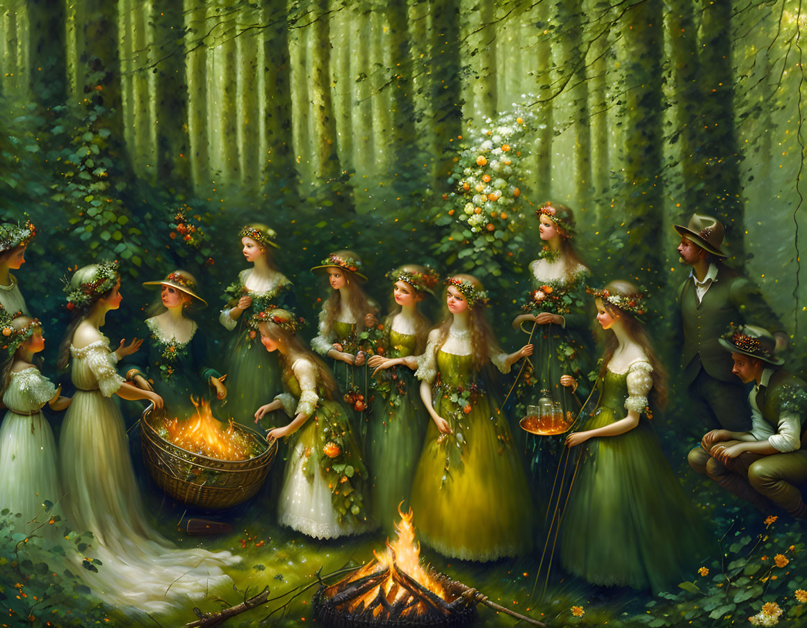 Group in period clothing with flowers and fire in forest clearing