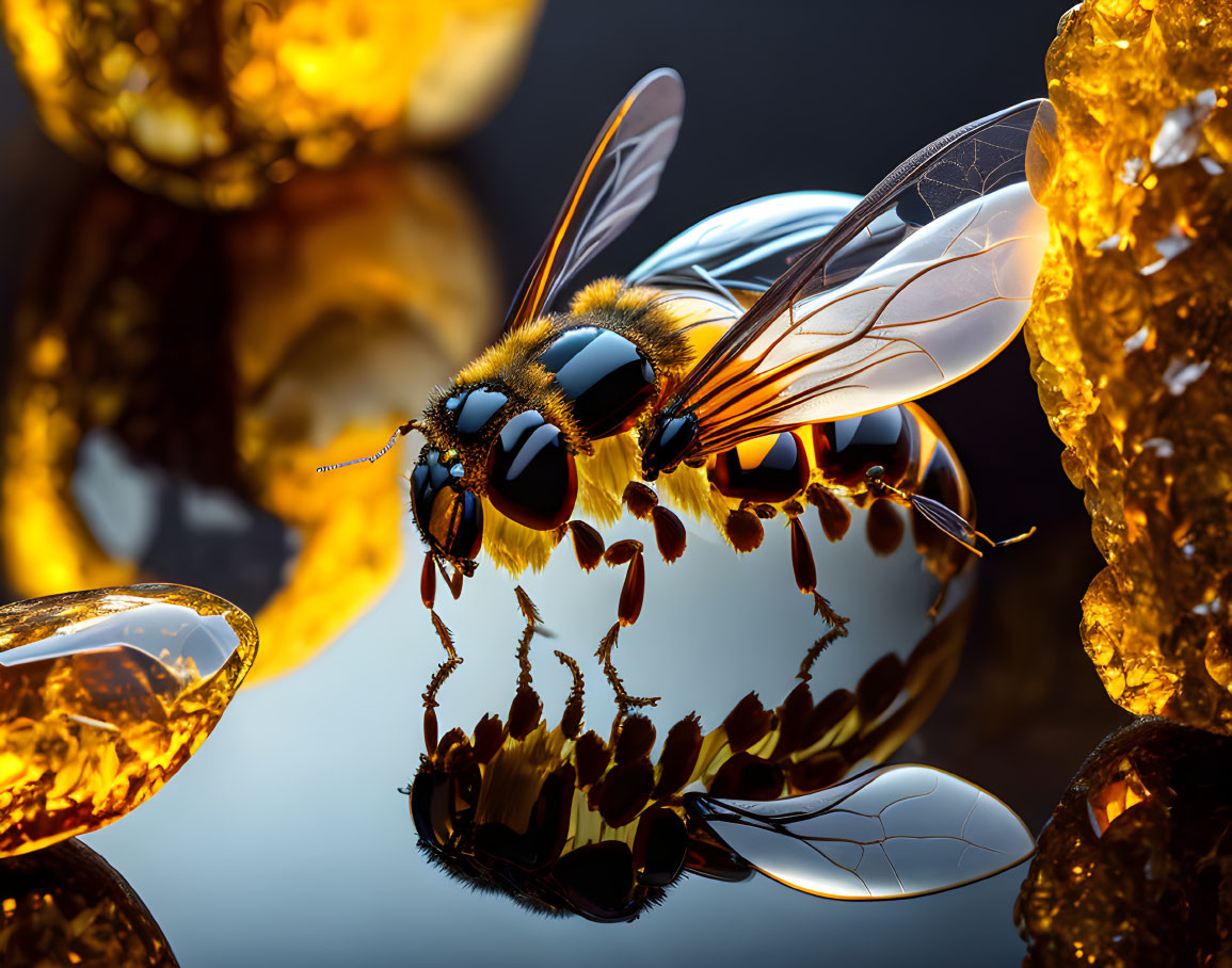 Close-up of bee with translucent wings on reflective surface among golden amber-like structures