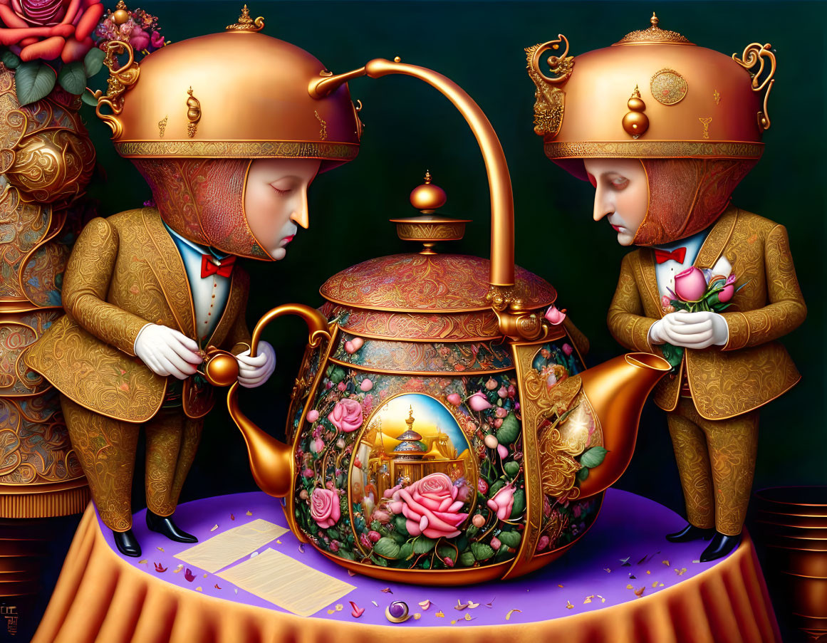 Surreal Victorian figures with teapot heads and ornate teapot document inspection