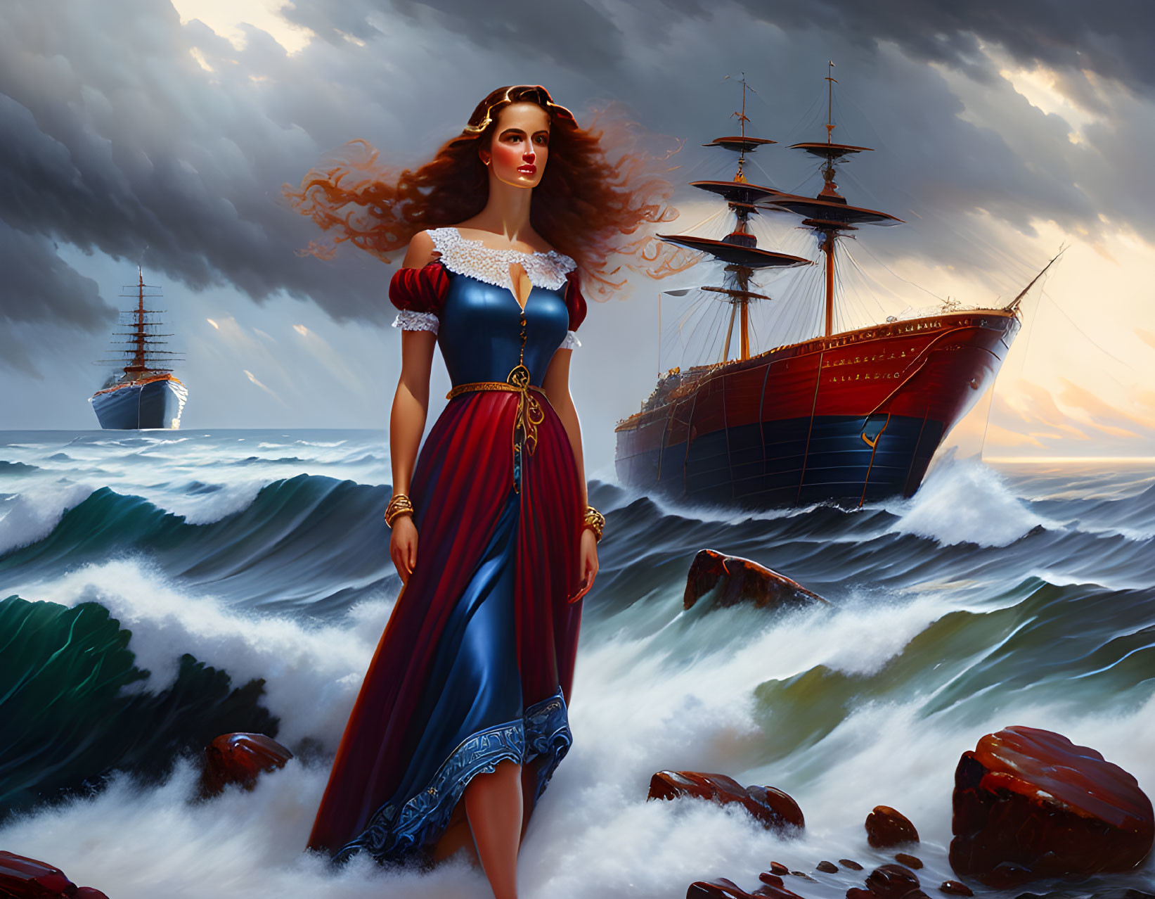 Woman in historical dress on rocky shore with sailing ships amidst stormy sea waves.