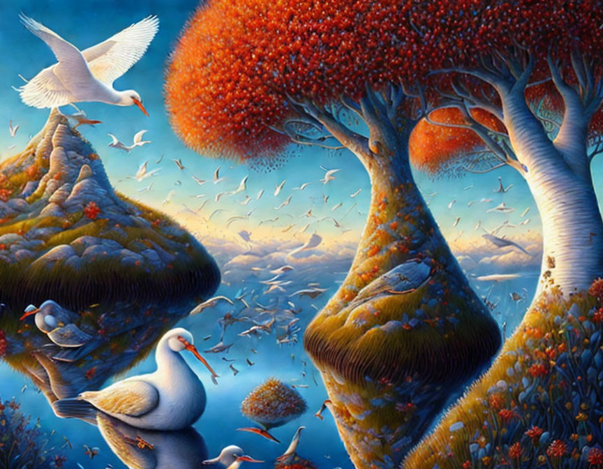 Surreal landscape with autumn trees and birds in serene sky