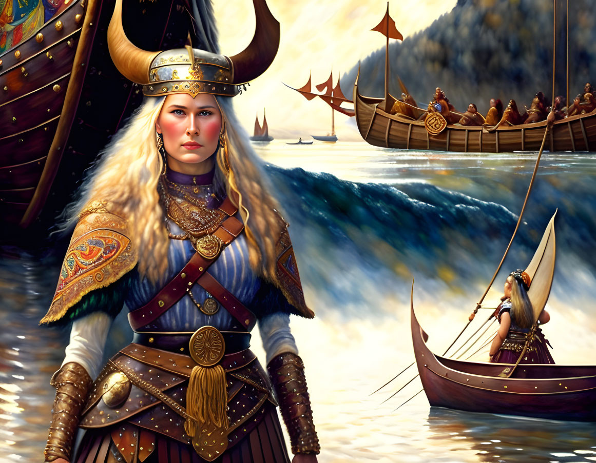 Viking woman in ornate armor with ships and waves