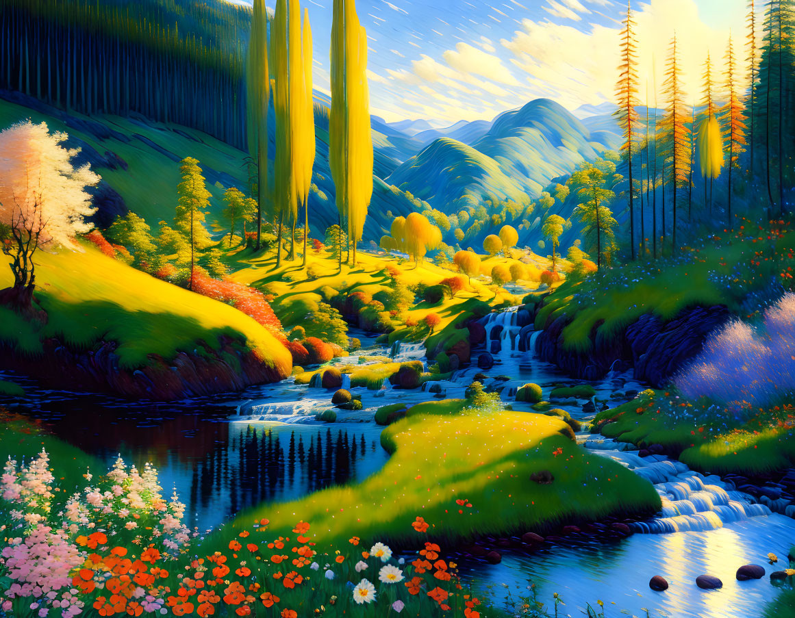 Scenic landscape with river, waterfalls, flowers, greenery, and trees