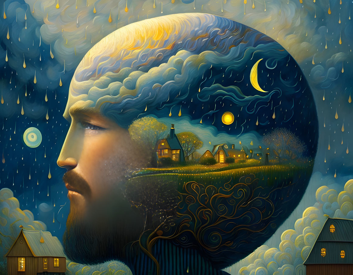 Surreal painting: man's silhouette, night landscape, house in head