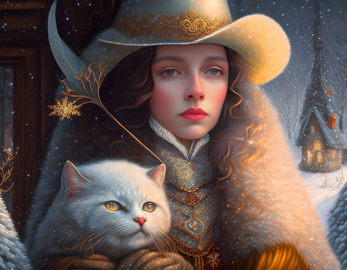 Woman in decorated hat holding white cat in snowy scene with warm-lit house