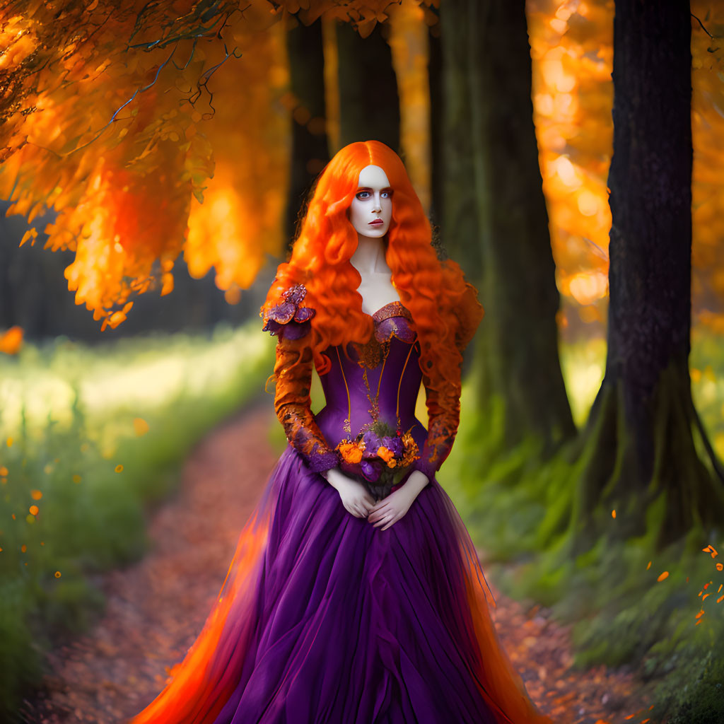 Vibrant orange hair and purple dress in autumn forest