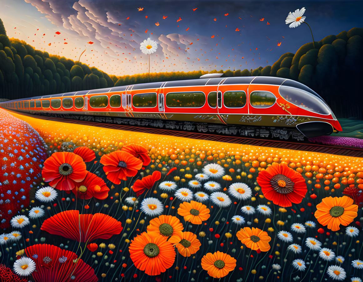 Colorful Train Journey Through Vibrant Flower Landscape at Twilight