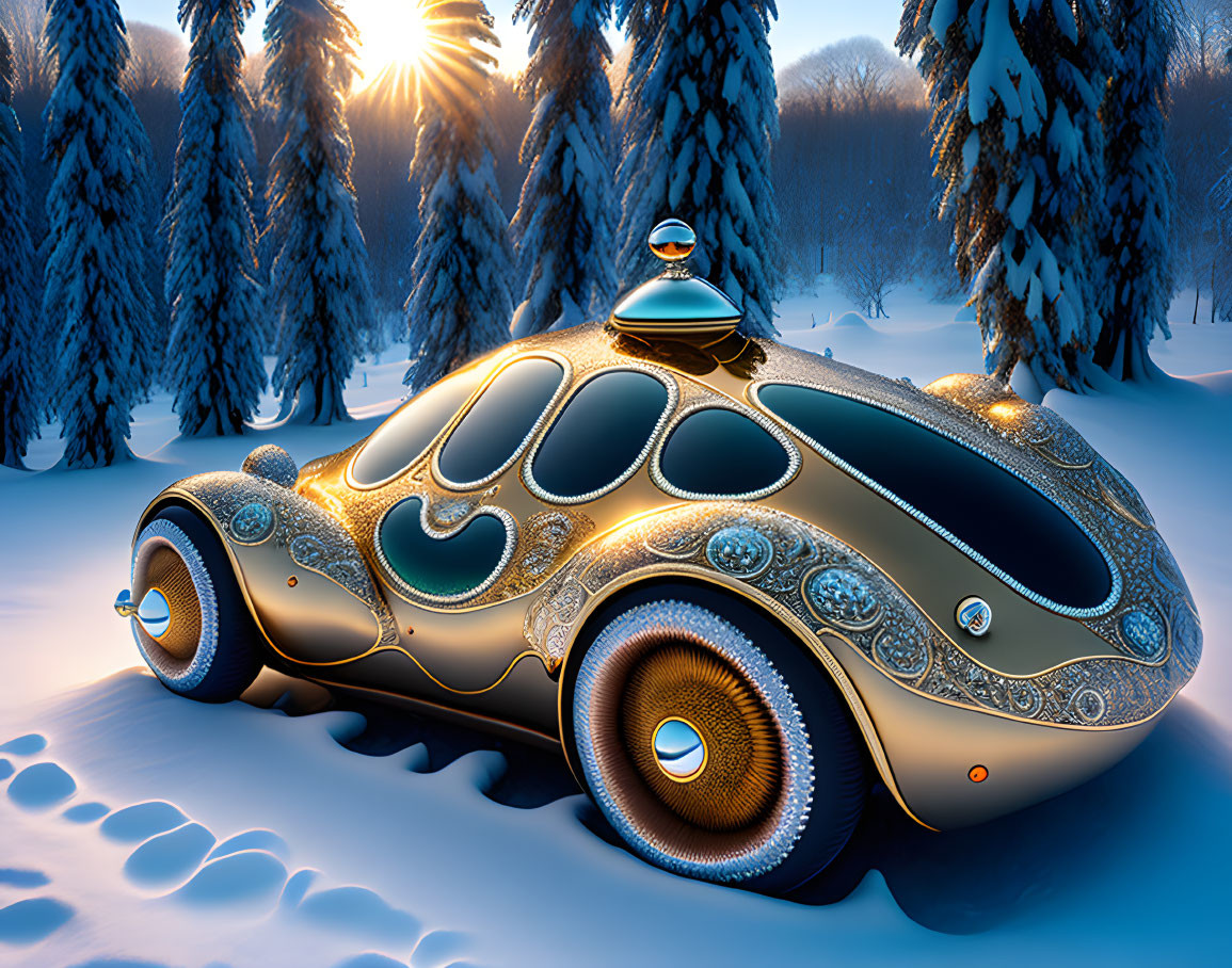 Ornate vehicle with intricate designs in snowy forest at sunset