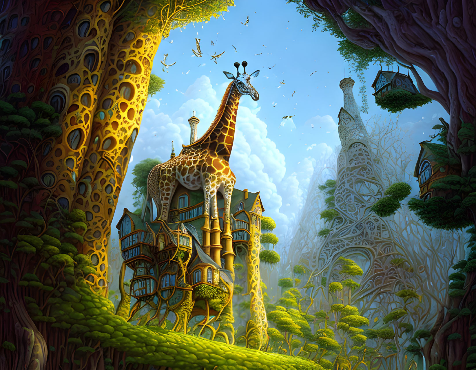 Whimsical forest scene with giraffe and tall house structure among lush trees