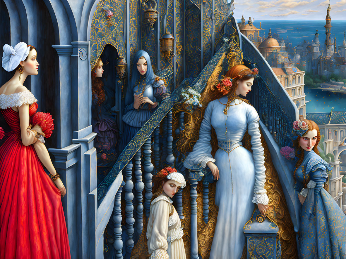 Seven women in historical dresses on ornate staircase with Venetian cityscape