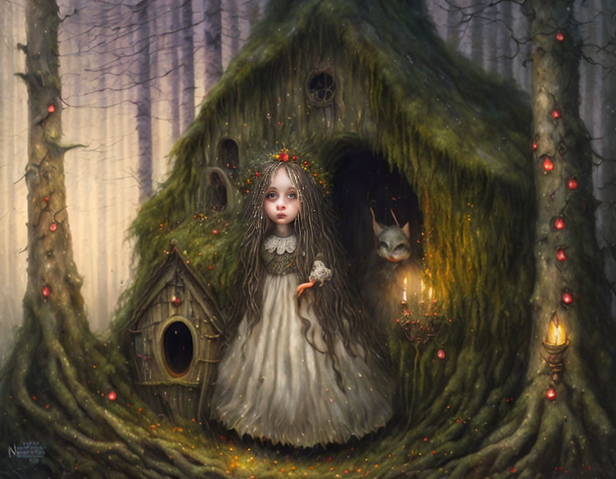 Illustration of girl with large eyes by enchanting treehouse with mystical cat