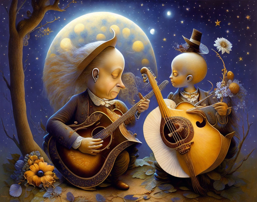 Whimsical moon-faced characters playing instruments under starry sky