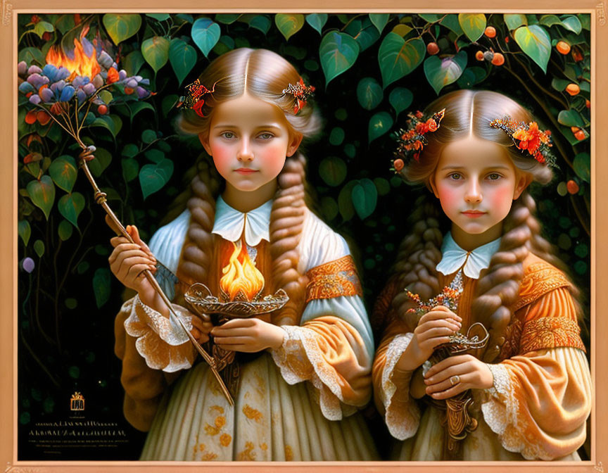 Twins with braided hair holding flowers and flames in lush greenery