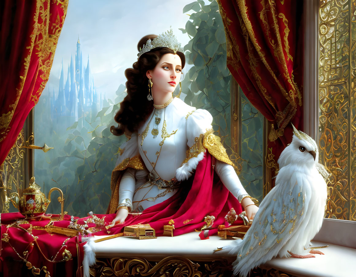 Regal woman in lavish gown with white owl by window and castle view