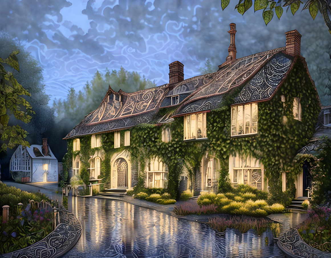 Twilight scene of Tudor-style cottage with ivy, lit windows, serene water reflection.