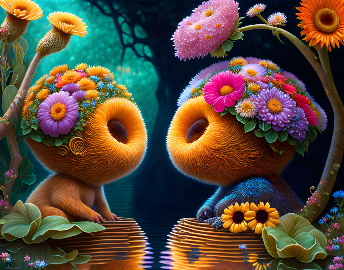 Stylized creatures in mystical forest with floral and furry features